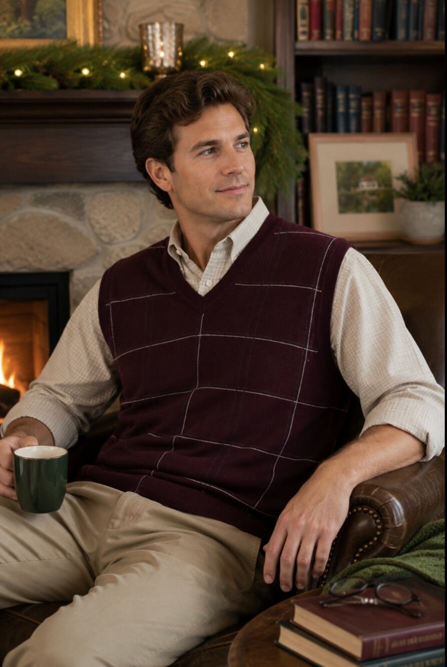 Dockers Men's 2X Grandpa Vintage Windowpane Maroon Sweater Vest Cozy Holiday